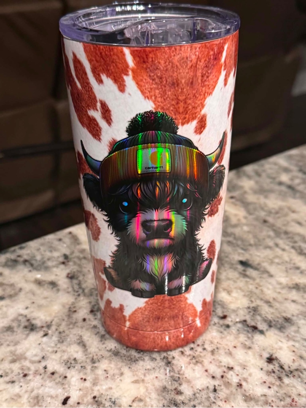 Carhartt cow Hand Crafted Red and White Cowhide Neon Highland Cow Travel Tumbler